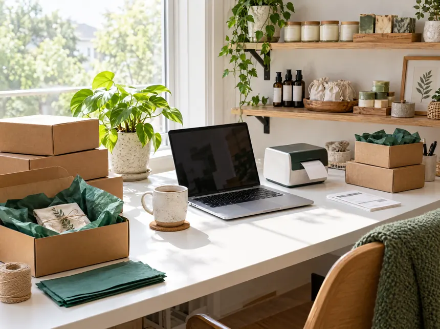 A small home business desk with packed orders, a label printer and a laptop