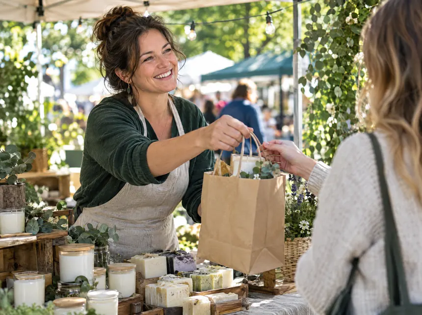 A woman selling her handmade candles and soaps to a customer at her market stand