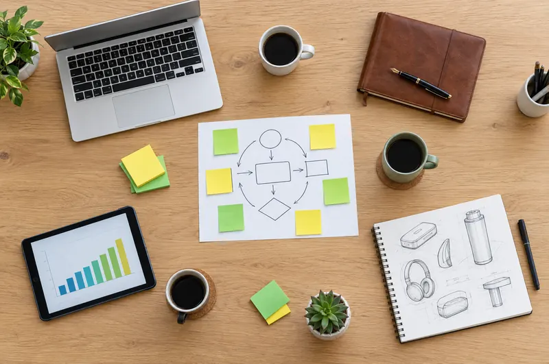 A planning table with laptops, notebooks, sketches and sticky notes
